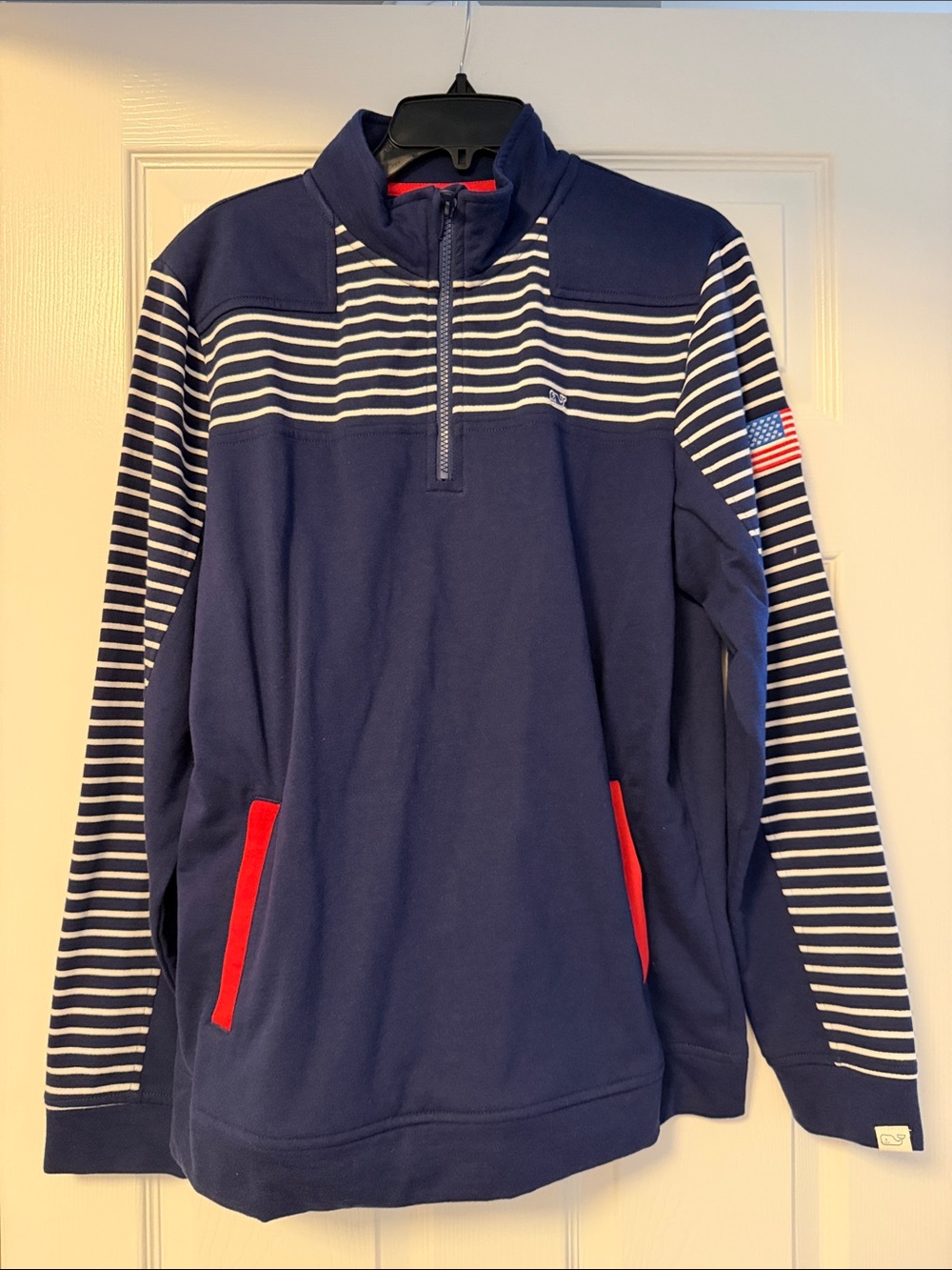 NWT Vineyard Vines Navy Quarter-Zip Striped Pullover with Red Accents